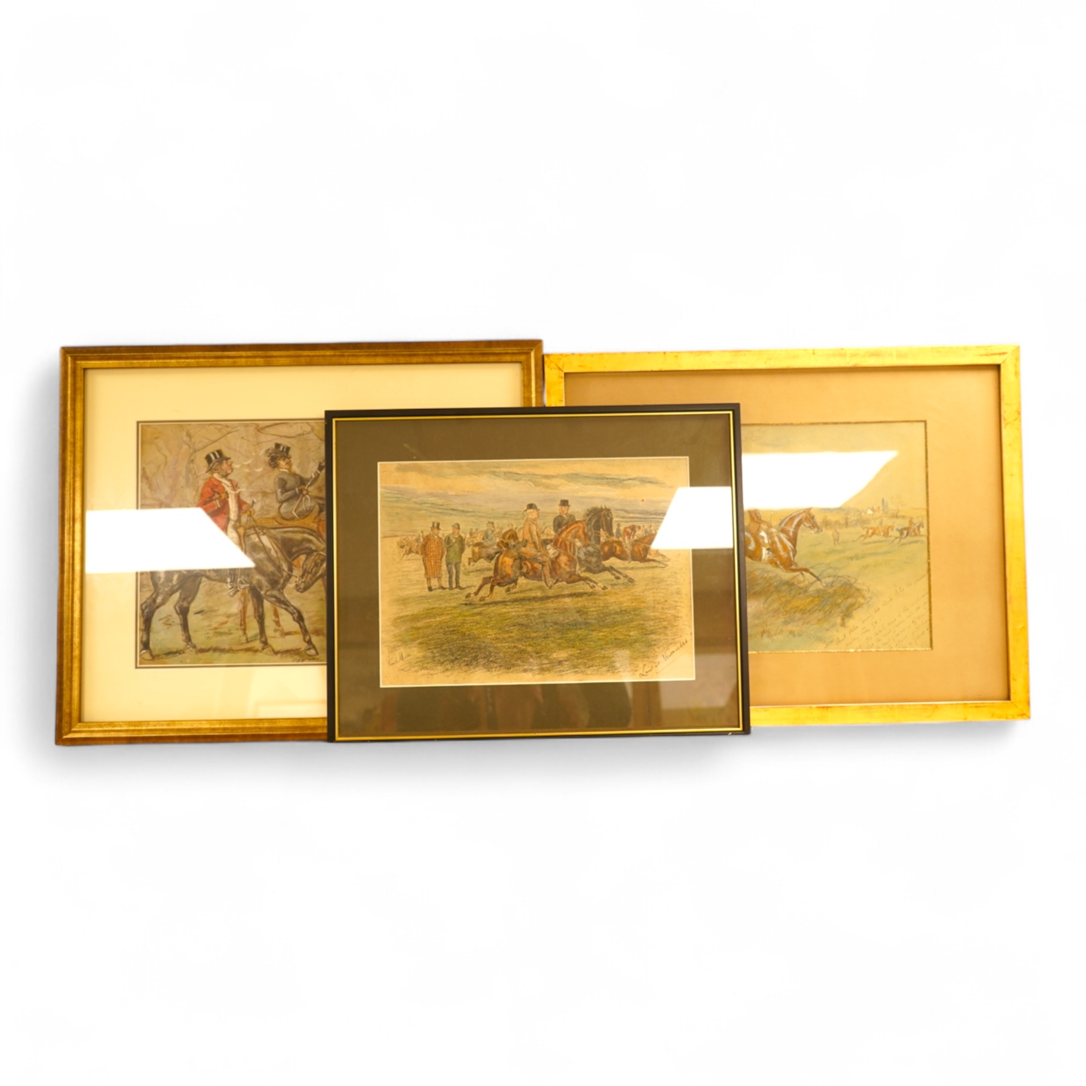 George Finch Mason (1850-1915), Three hunting interest ink and watercolours to include 'Law at Newmarket' and 'Extract from the diary of Miss Tanbrush' two signed, largest 24 x 32cm